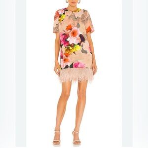 Vibrant Floral Feather Hem Mini Dress
